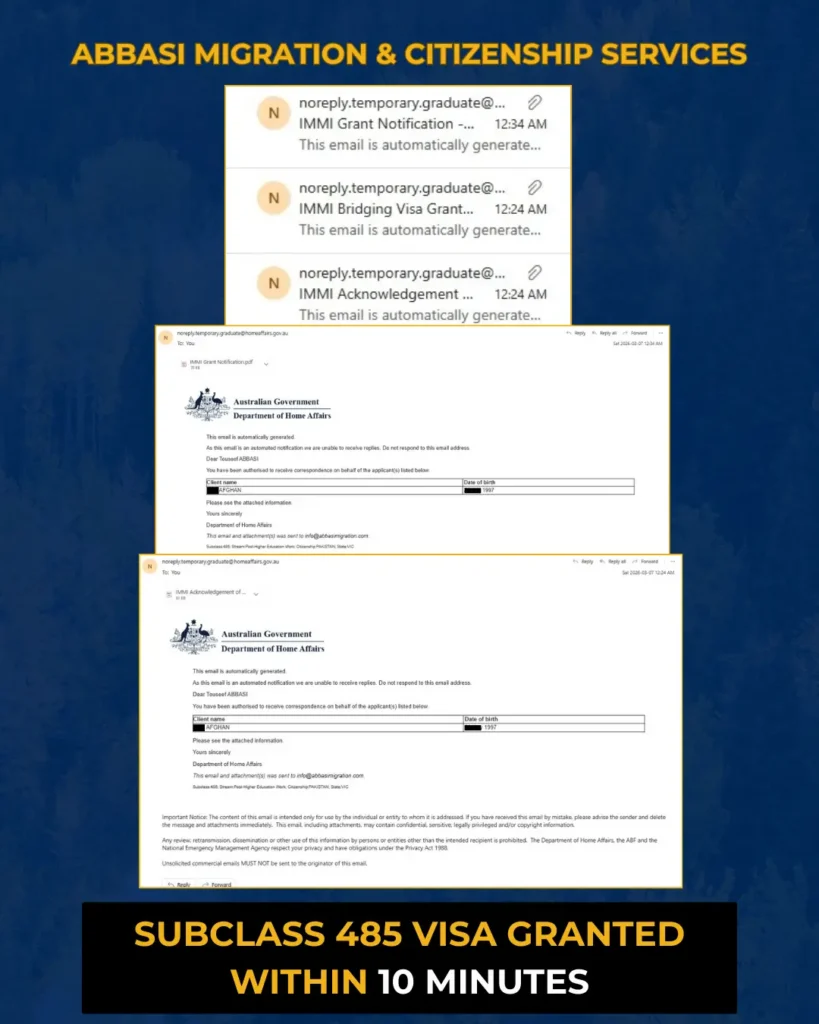 Subclass 485 VISA GRANTED WITHIN 10 MINUTES Abbasi Migration Citizenship Services 1